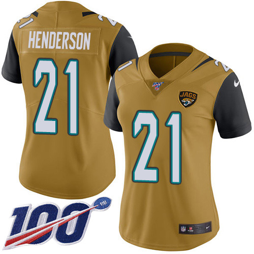Nike Jacksonville Jaguars #21 C.J. Henderson Gold Women Stitched NFL Limited Rush 100th Season Jersey